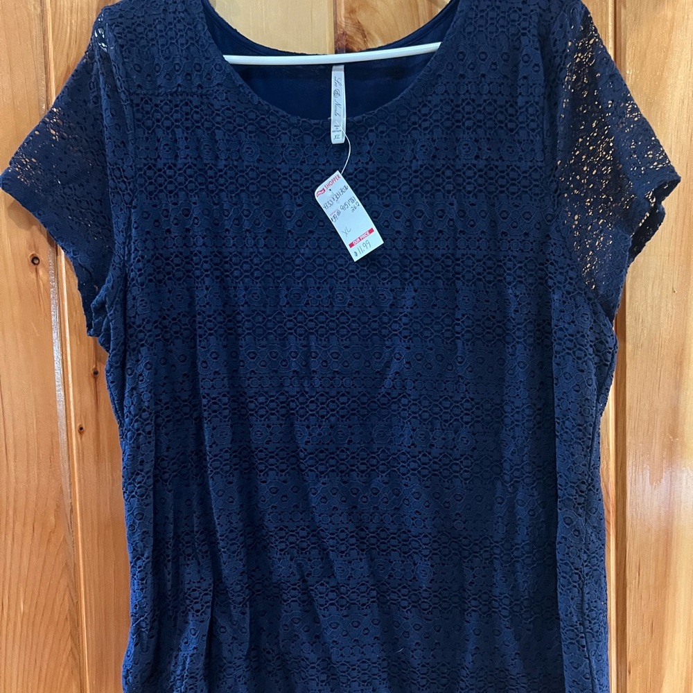 Leo & Nicole Navy Lace Short-Sleeve Scoop Neck Top